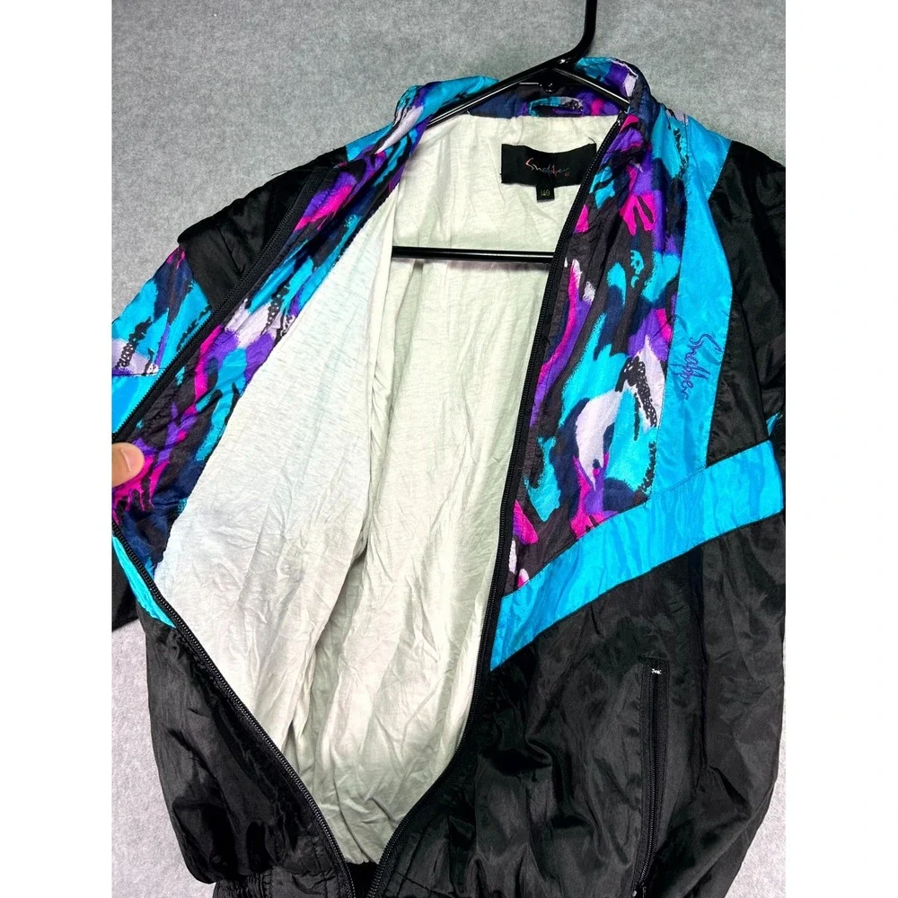 Vintage 1990 Snapper Windbreaker Jacket Mens 140 Black Printed Retro Full Zipper